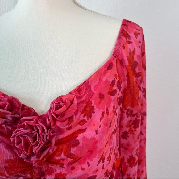 Free People Oh Lala Red Pink Floral Top Size Large - Picture 9 of 11